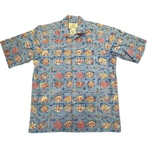 Reyn Spooner Hawaiian Shirt Mens Small Blue Fish Print Camp Collar Short Sleeve